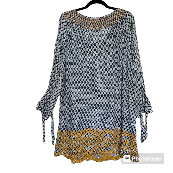 FEVER PLUS Women’s Bohemian/Pheasant Tunic Top Blue/Wht Embroidered Gold Lace 3X - Picture 2 of 9